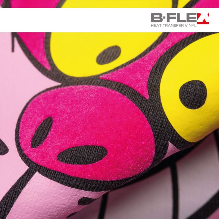 B-flex Flock termoadesivo floccato per il trasferimento di immagini e scritte su tessuti con effetto velluto elegante, morbido e gradevole al tatto.